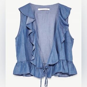 Zara recycled denim sleeveless cropped wrap ruffle shirt